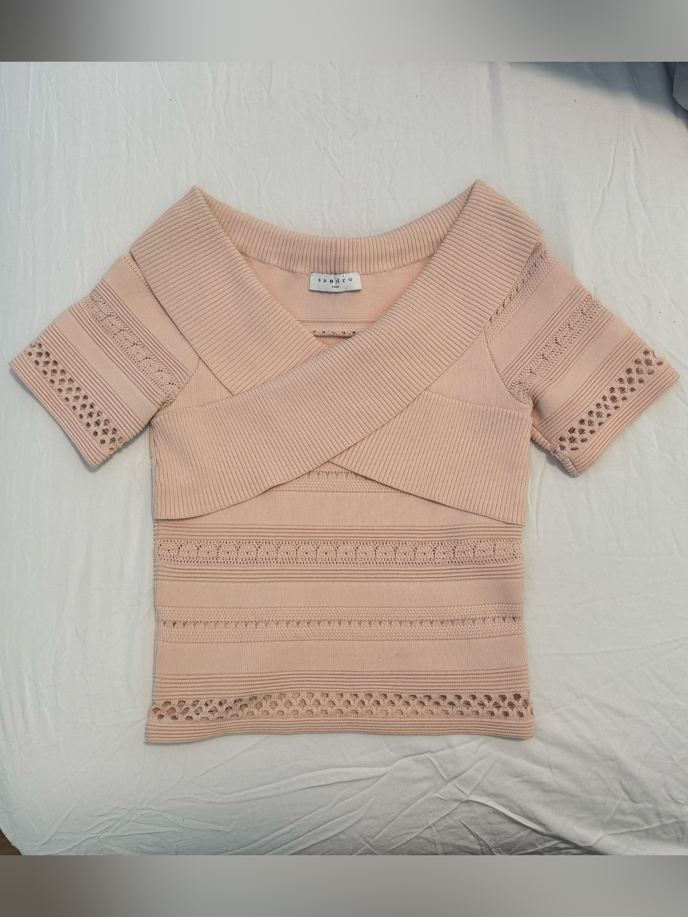 Sandro Paris Blush Pink Crossover Pointelle Knit Top Size 1